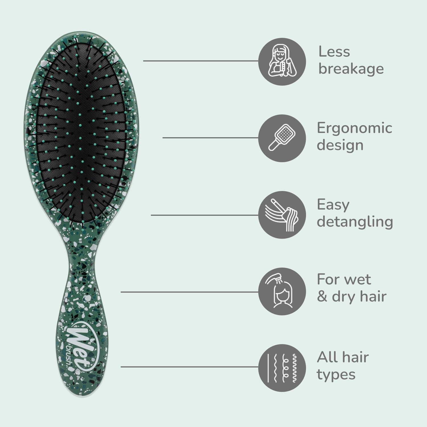 Wet Brush manche ergonomique émeraude offre une prise en main confortable.