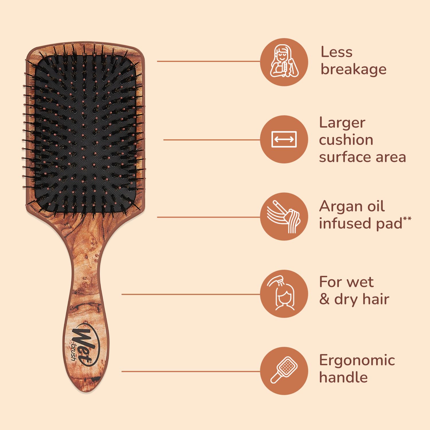 Wet Brush Paddle répartit uniformément les soins capillaires sur toute la longueur.