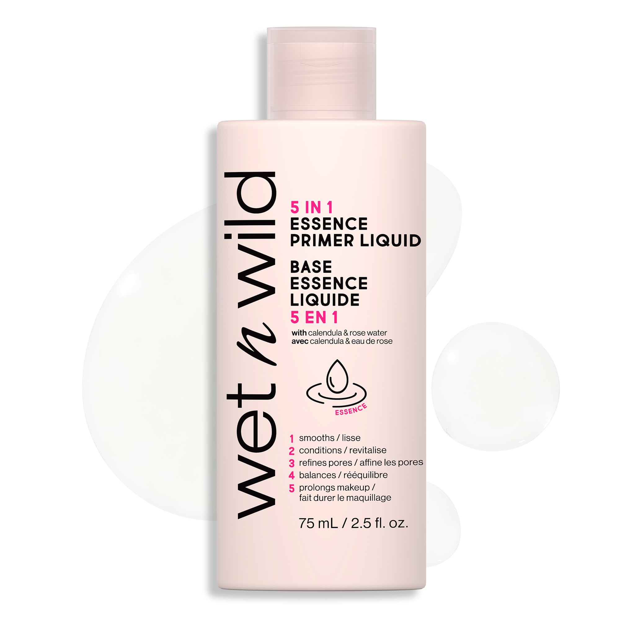 wet n wild base essence 5-en-1 visage, bouteille lumineuse pour un teint homogène.