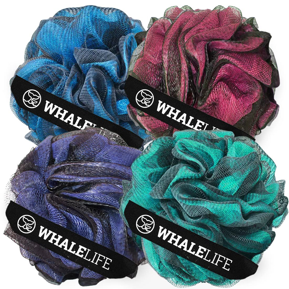 WhaleLife éponge loofah bain 4-pack multicolore, mousse riche et douceur.