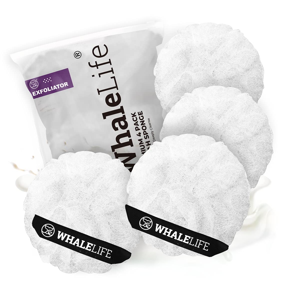 WhaleLife éponge loofah double-couche, surface blanche rugueuse, exfolie en douceur la peau.
