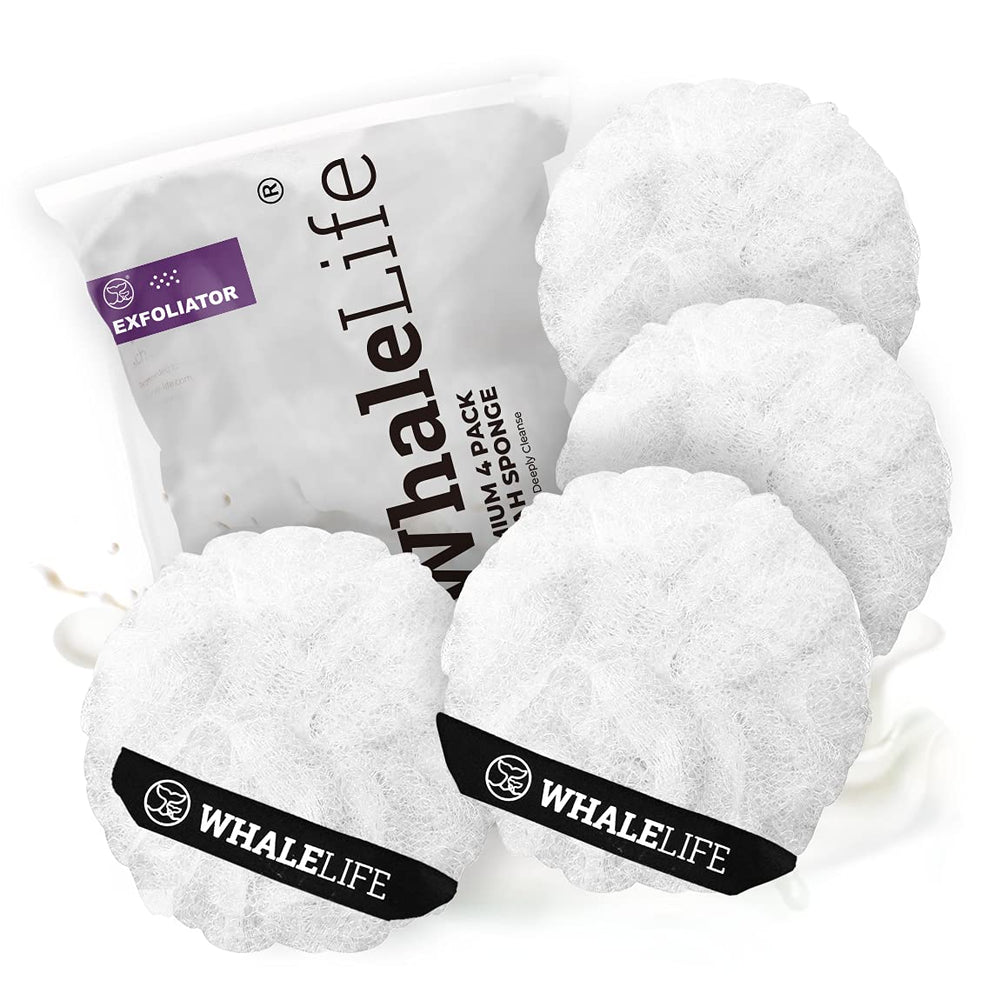 WhaleLife éponge loofah double-couche, surface blanche rugueuse, exfolie en douceur la peau.
