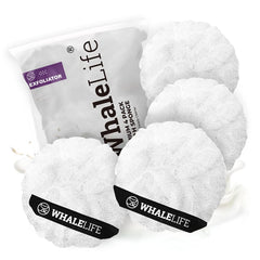 WhaleLife éponge loofah double-couche, surface blanche rugueuse, exfolie en douceur la peau.