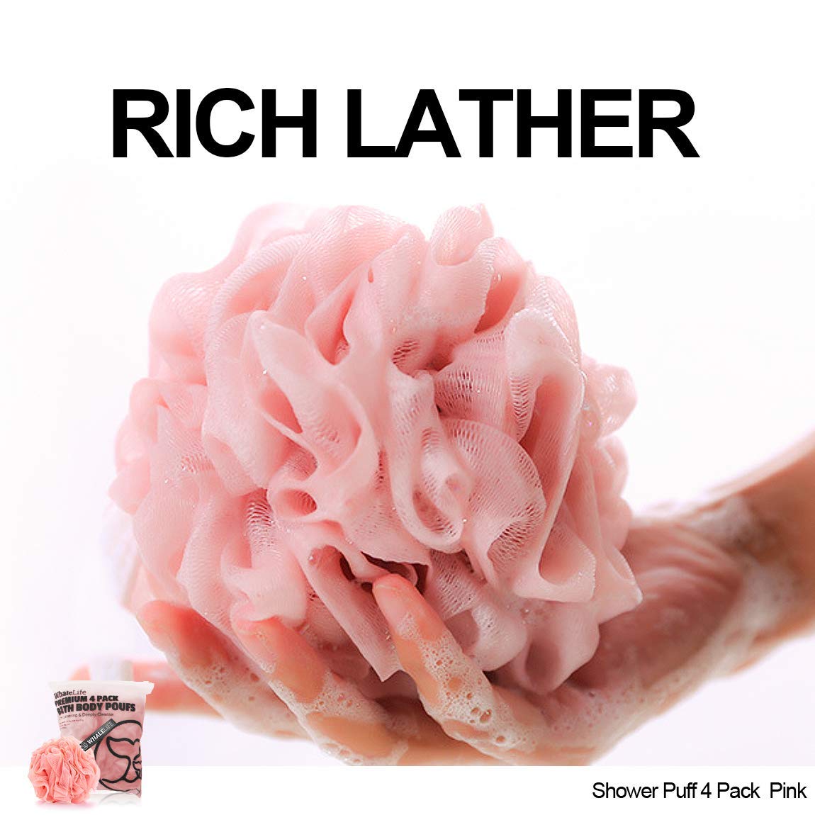 WhaleLife éponge Loofah rose - texture maille douce pour exfoliation légère.