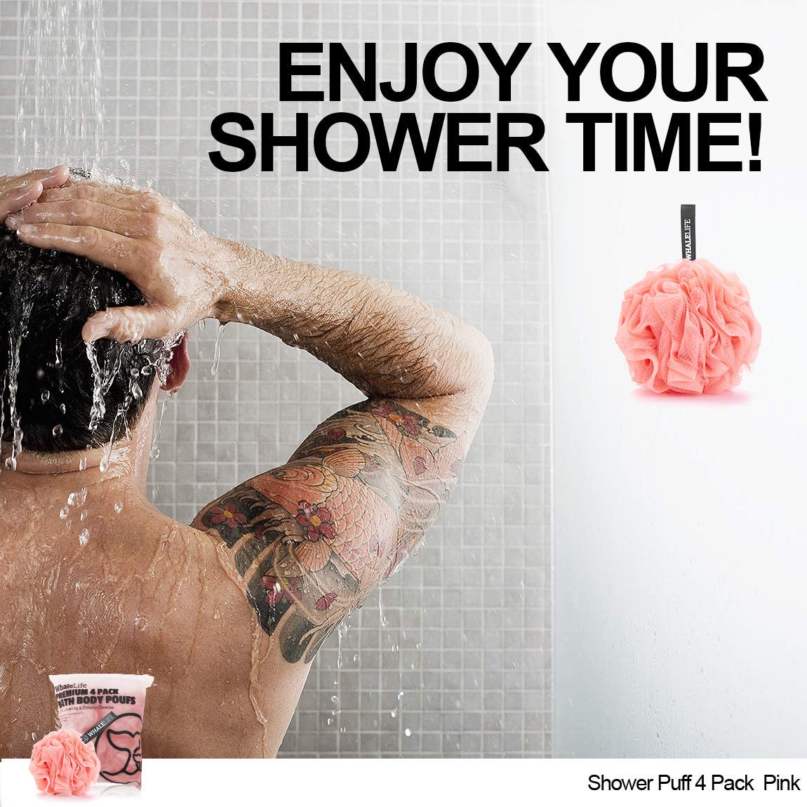 WhaleLife éponge Loofah rose - présentation compacte pour rangement.