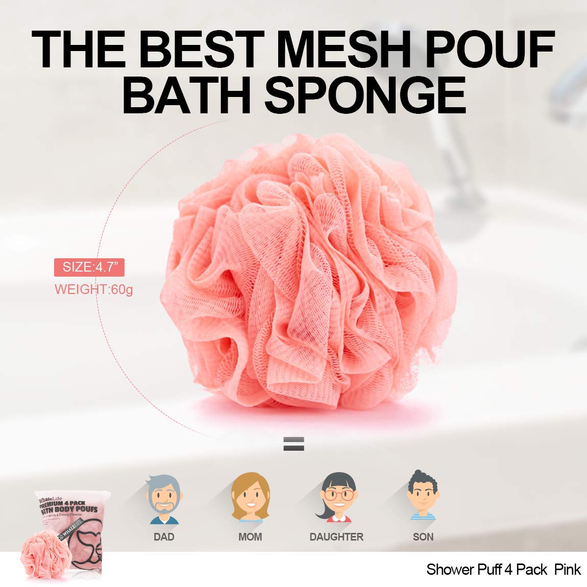 WhaleLife éponge Loofah rose - utilisation familiale simple et pratique.