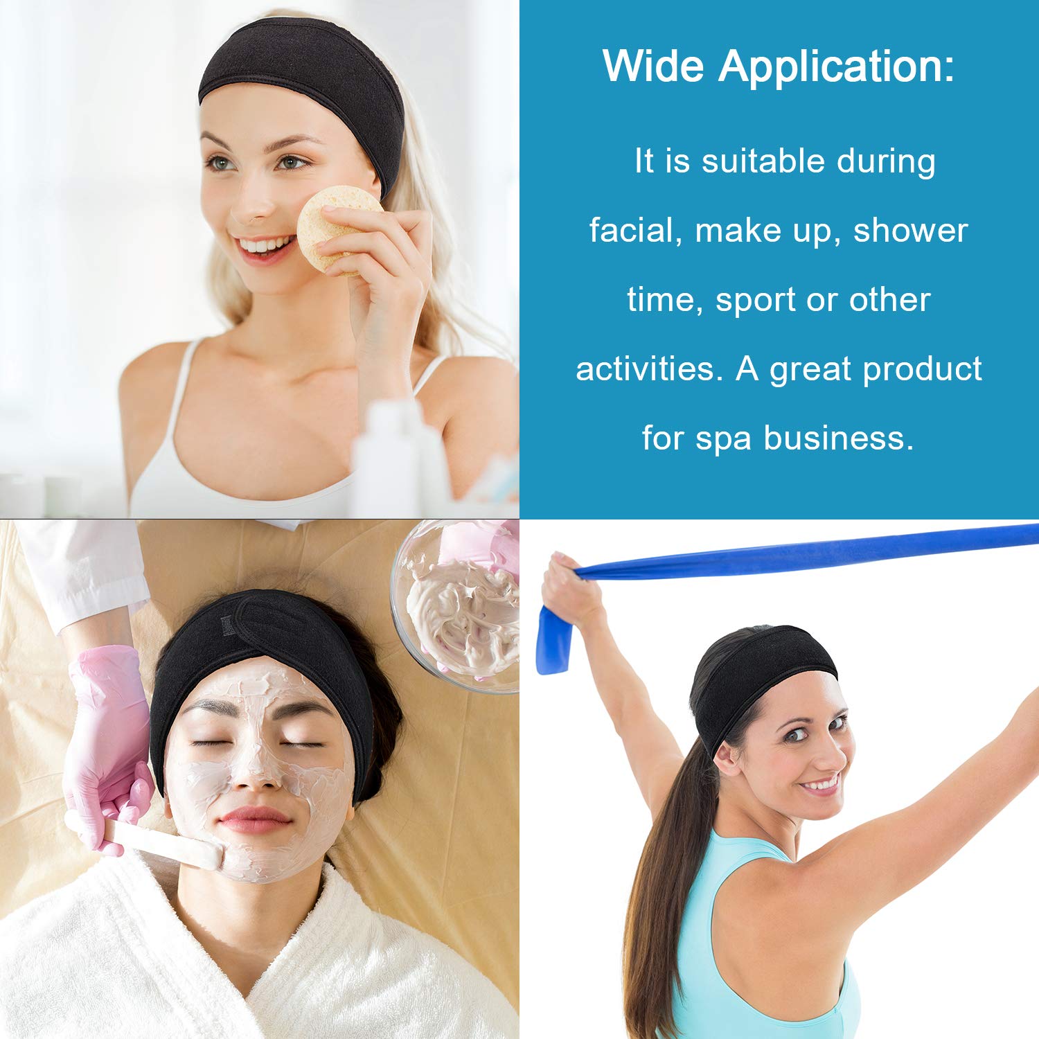 Whaline bandeau bien-etre terry noir polyvalent pour sport et beauté.