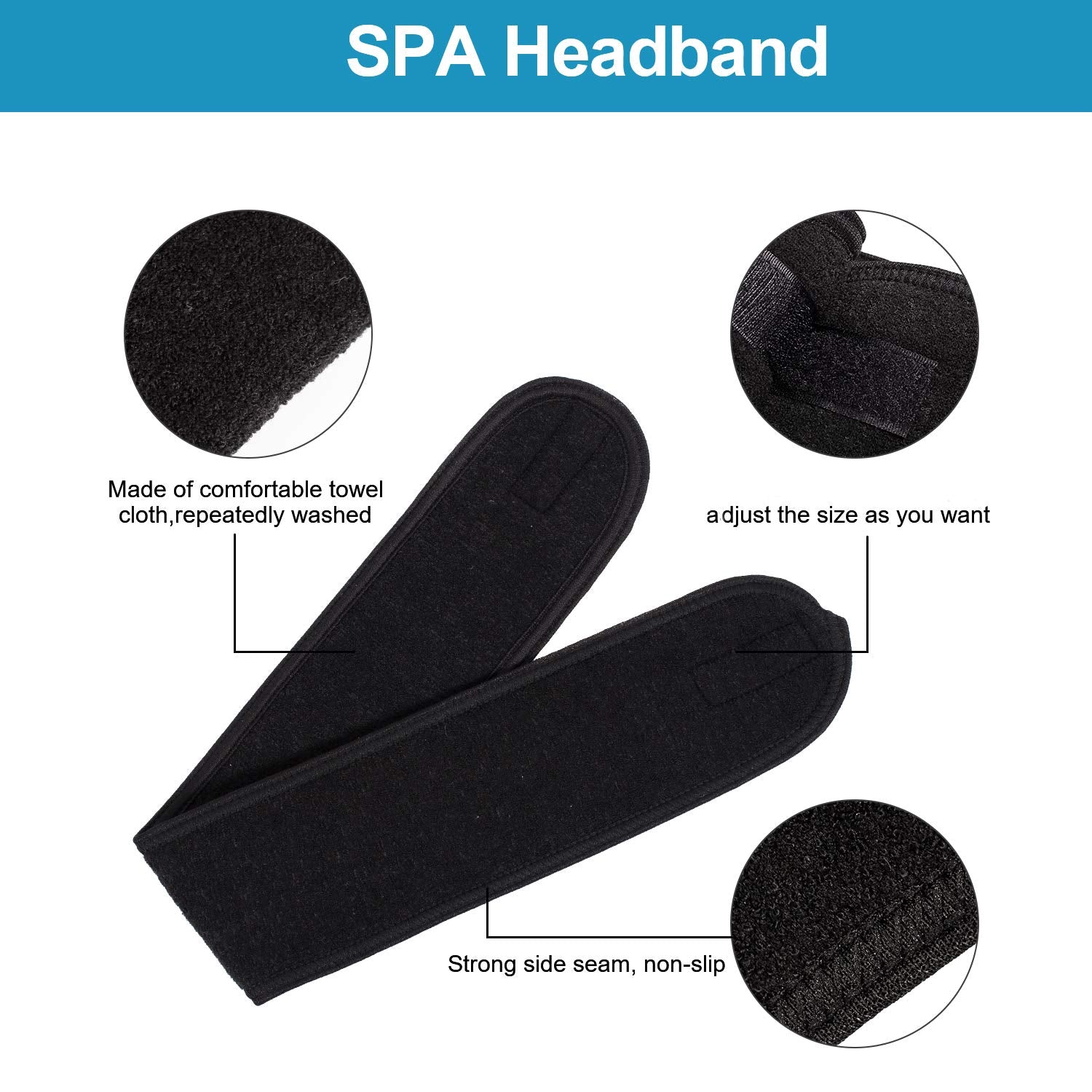 Whaline bandeau maquillage facial terry noir elasticite, ajustable pour tous.