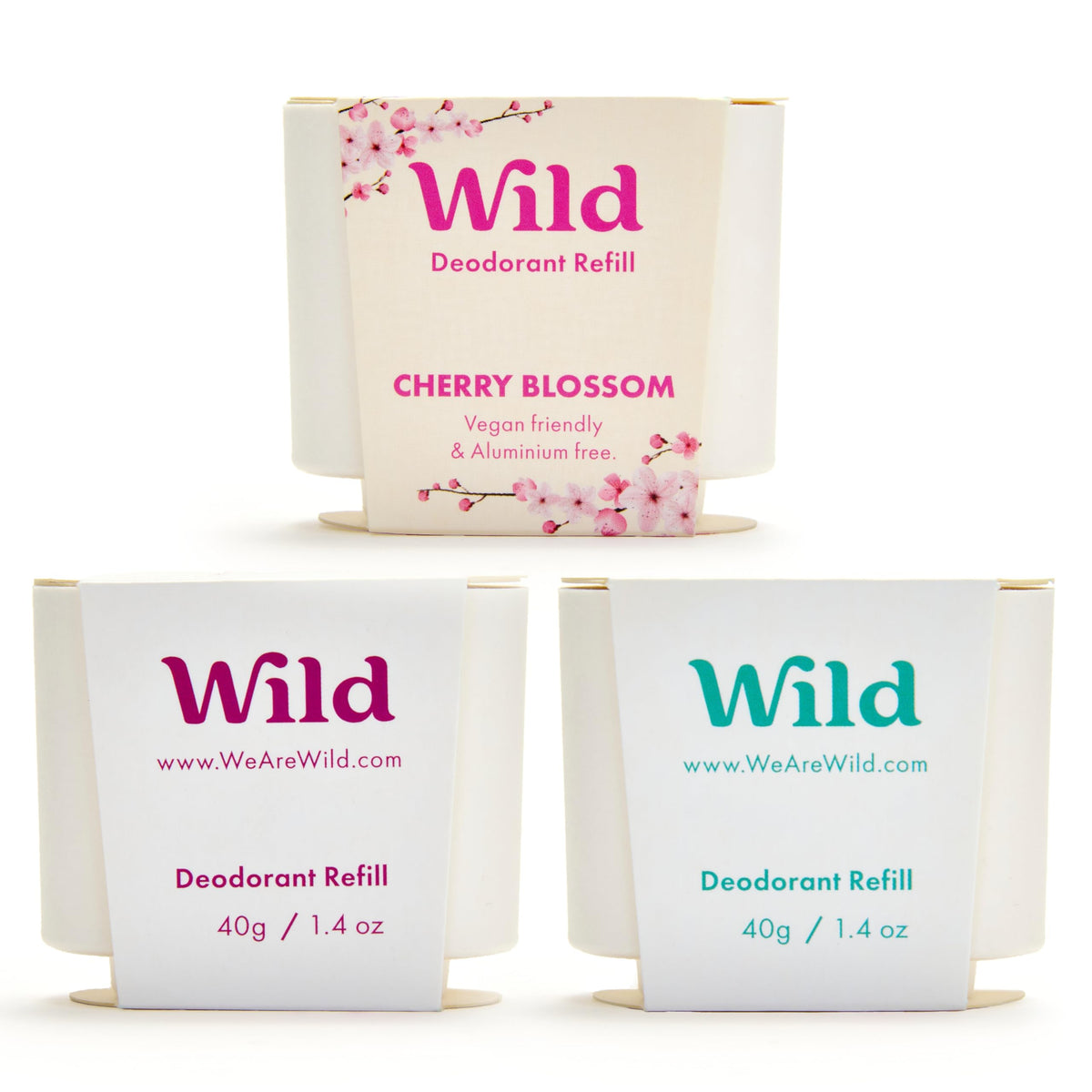 Wild déodorant — paquet rechargeable, ensemble varié pour tester les trois parfums.
