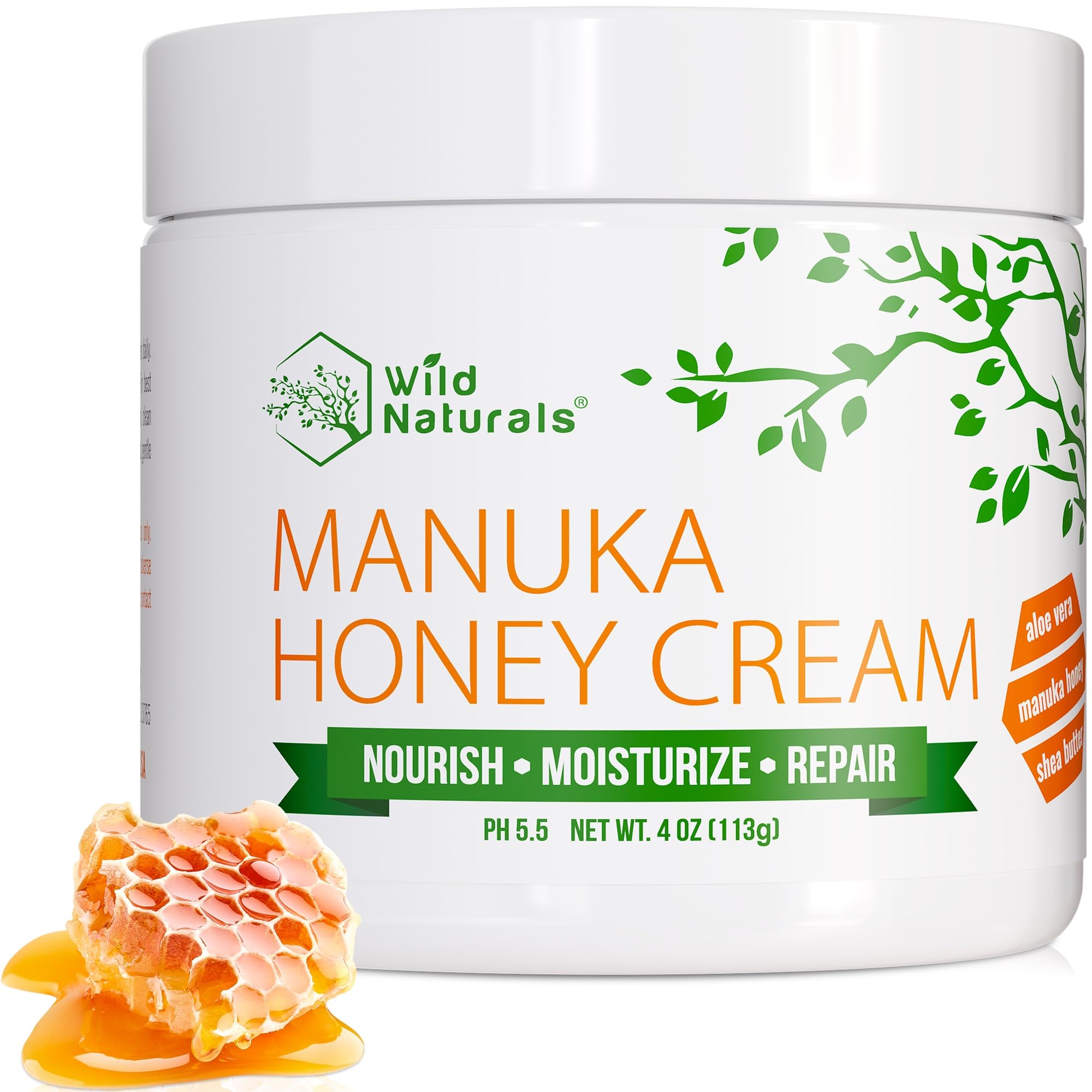 Pot Wild Naturals Manuka Honey Moisturizer montrant une hydratation riche.