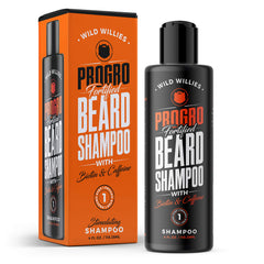 Wild Willies Beard Shampoo bottle front view highlights biotin and caffeine for healthier beard.