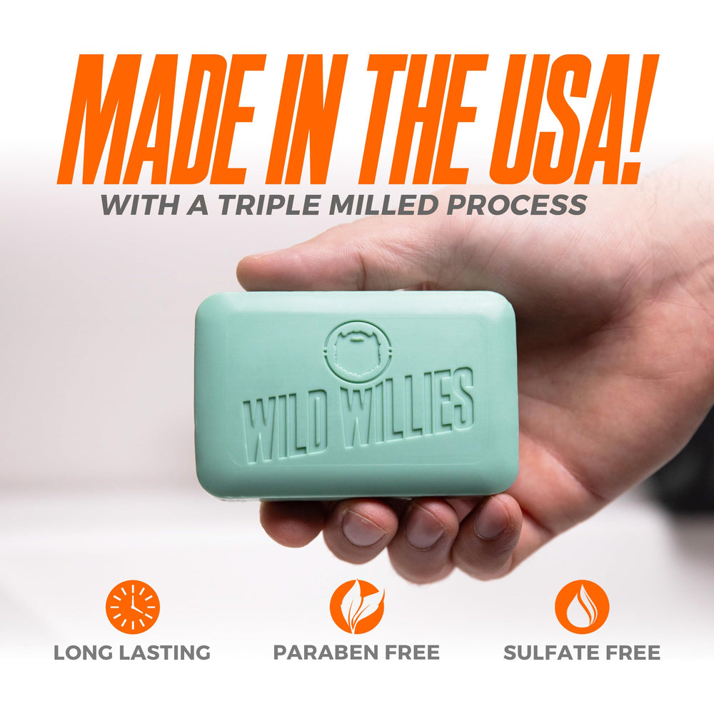 Idée cadeau Wild Willies: emballage soigné pour homme, savon en barre élégant.