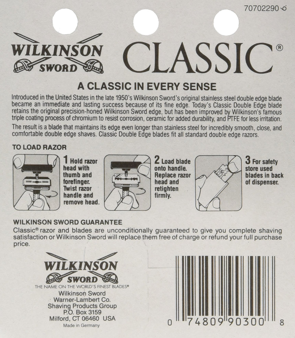 Lames Wilkinson Sword Classic, emballage individuel visible préservant la fraîcheur et la protection