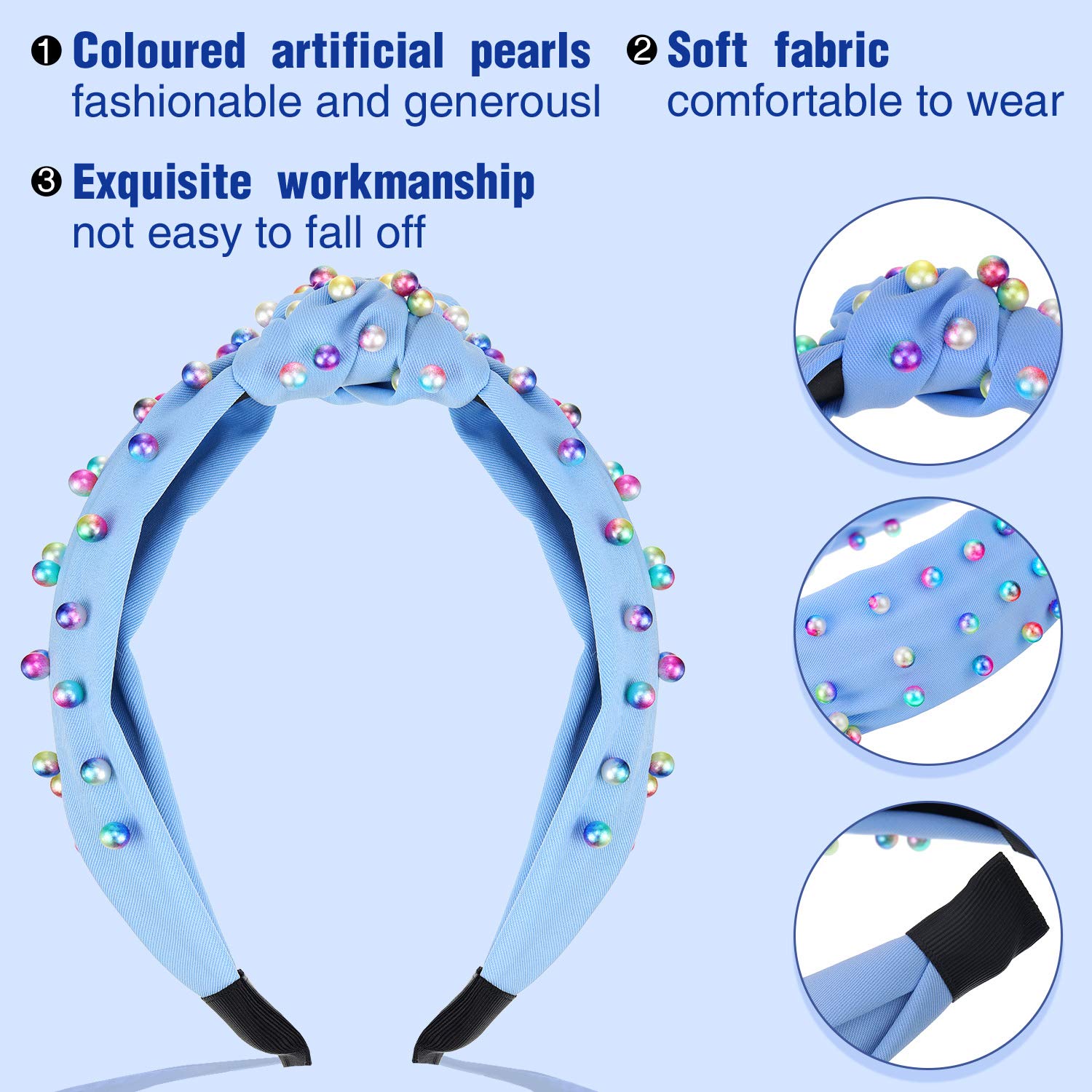 Détails du serre-tete perles rose, motif croise raffiné.
