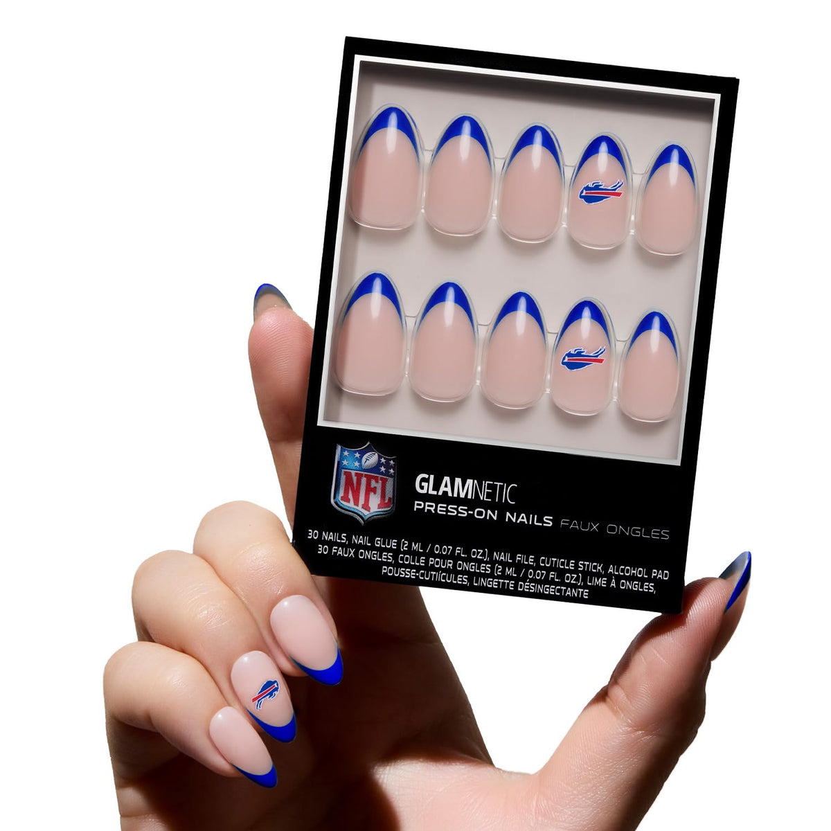 Ongles courts amande WinCraft Glamnetic Buffalo Bills, élégants et durables