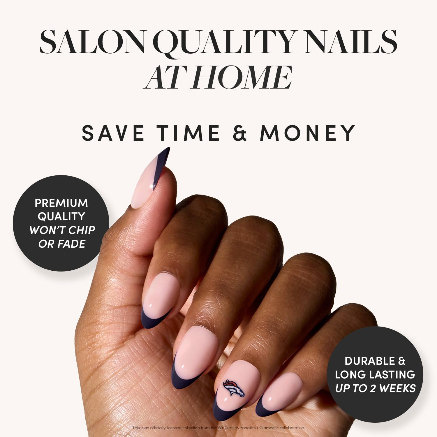 Ongles bleus à bords français Denver Broncos sur Glamnetic