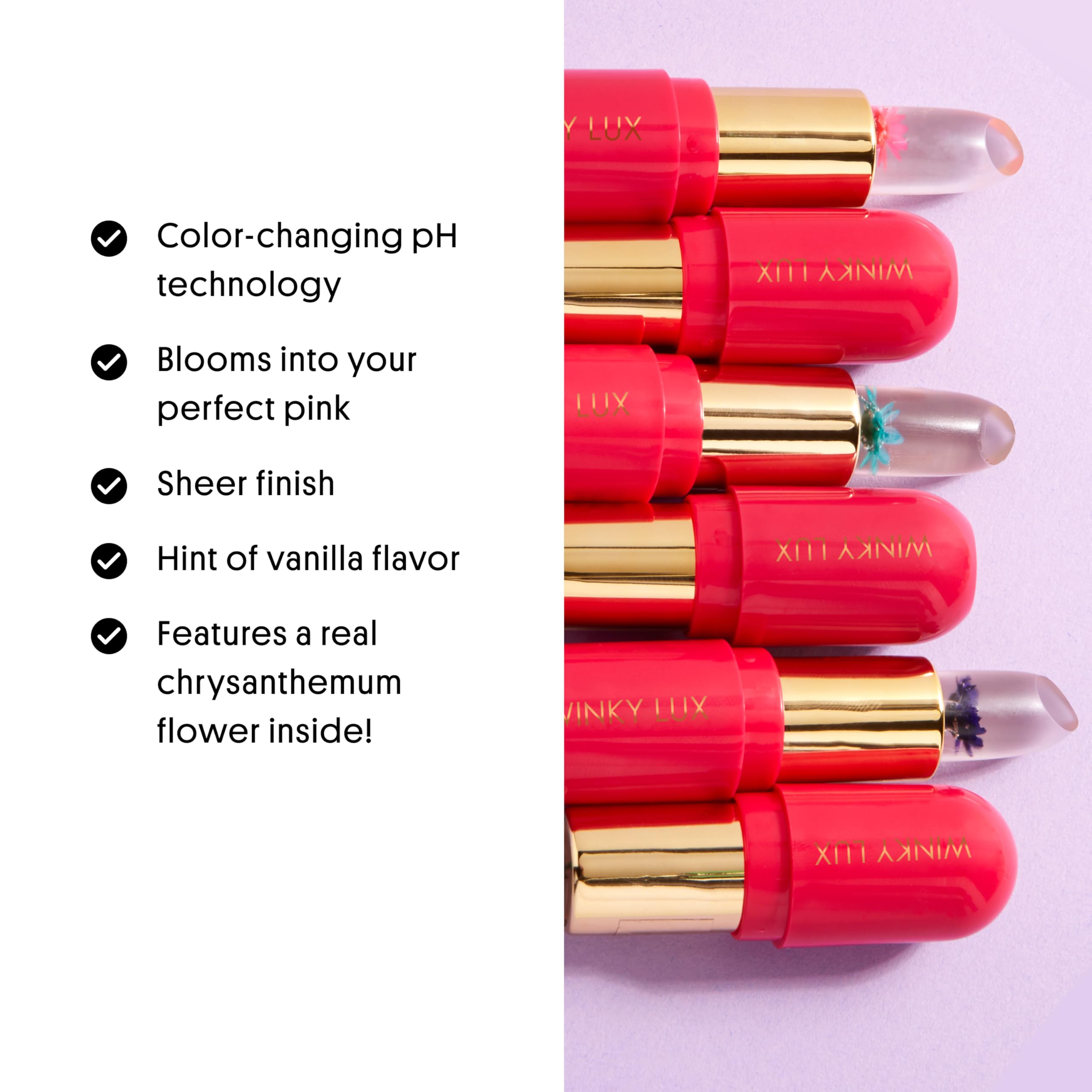 Winky Lux Flower Balm s'applique sur les lèvres pour une teinte personnalisée.