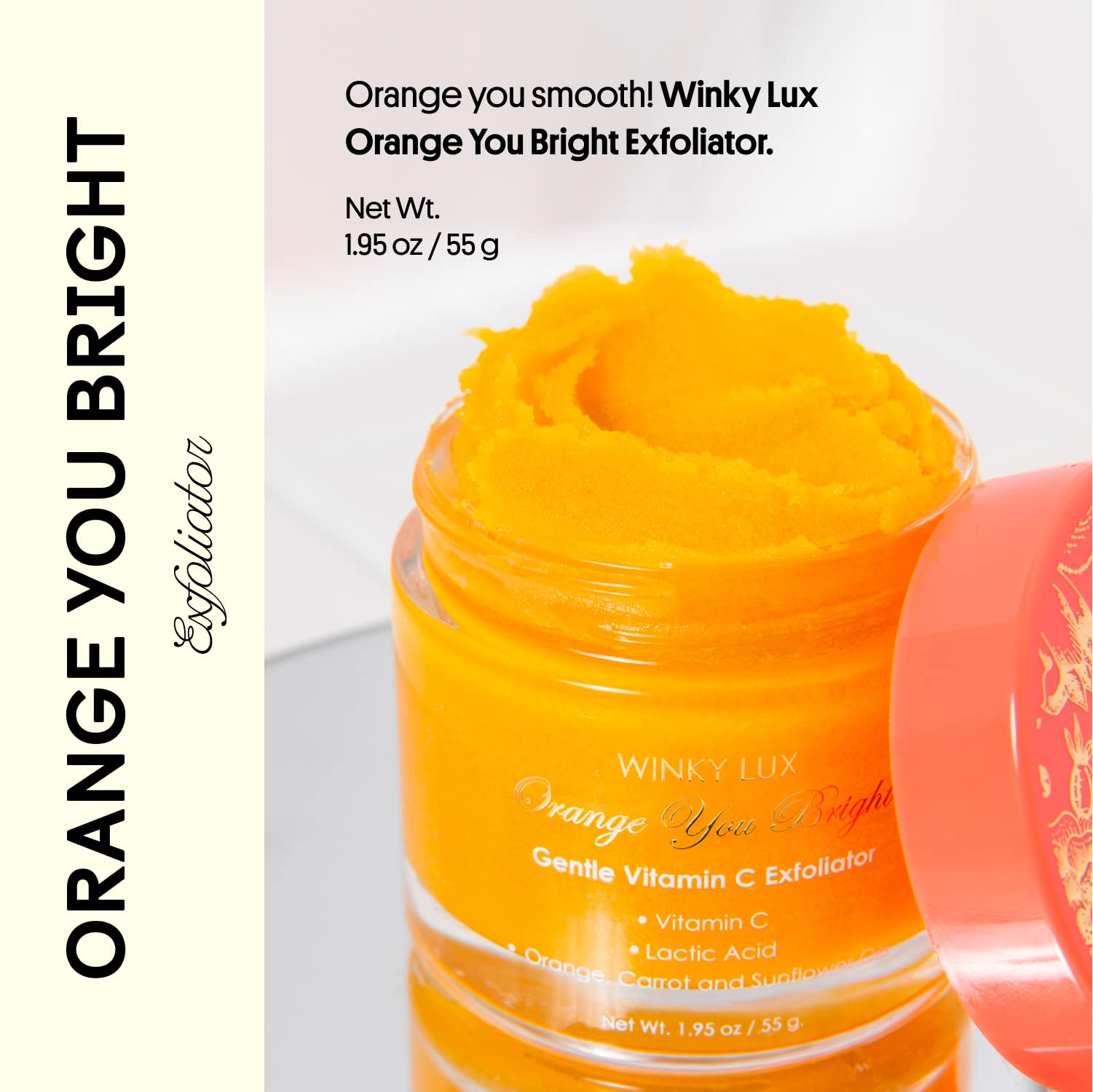 Exfoliant Orange You Bright de Winky Lux, grains microgranulaires pour peau plus lisse.