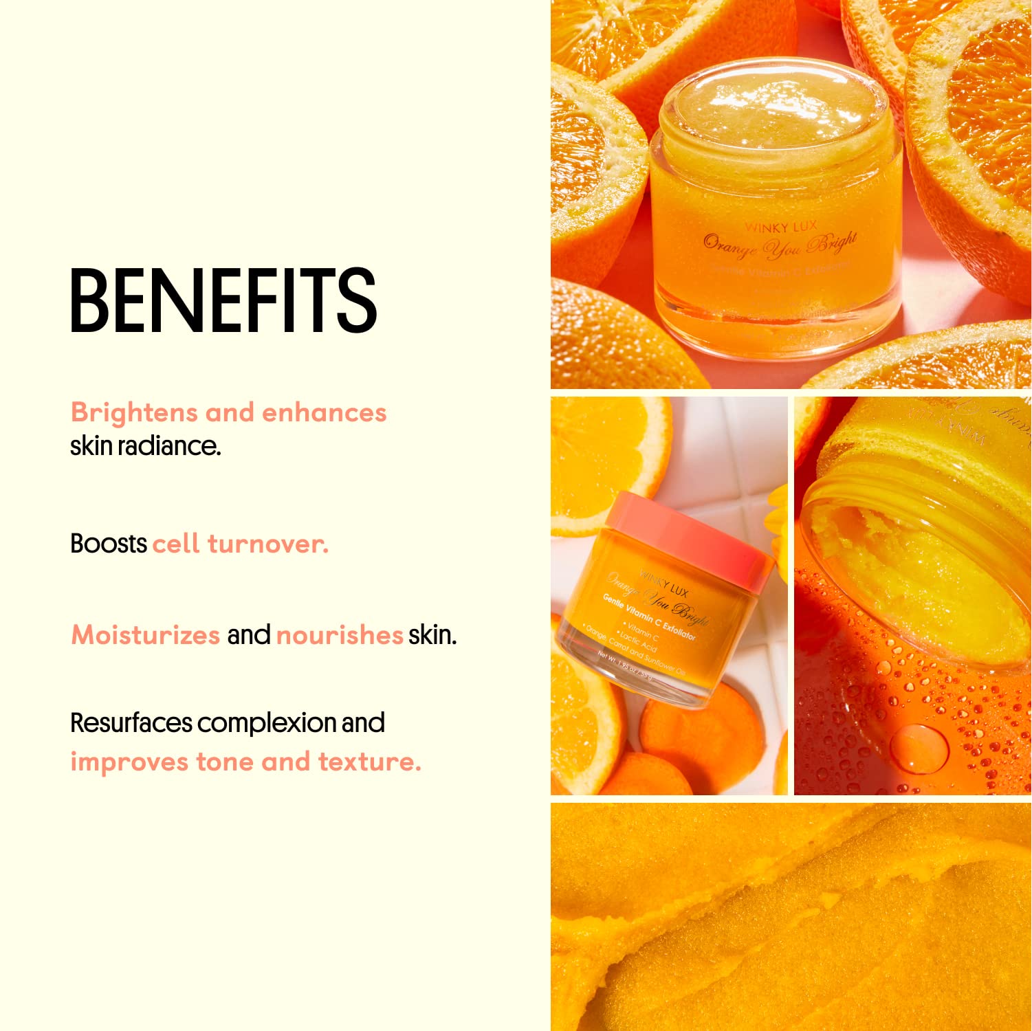 Texture lisse révélée par l'exfoliant Orange You Bright de Winky Lux.