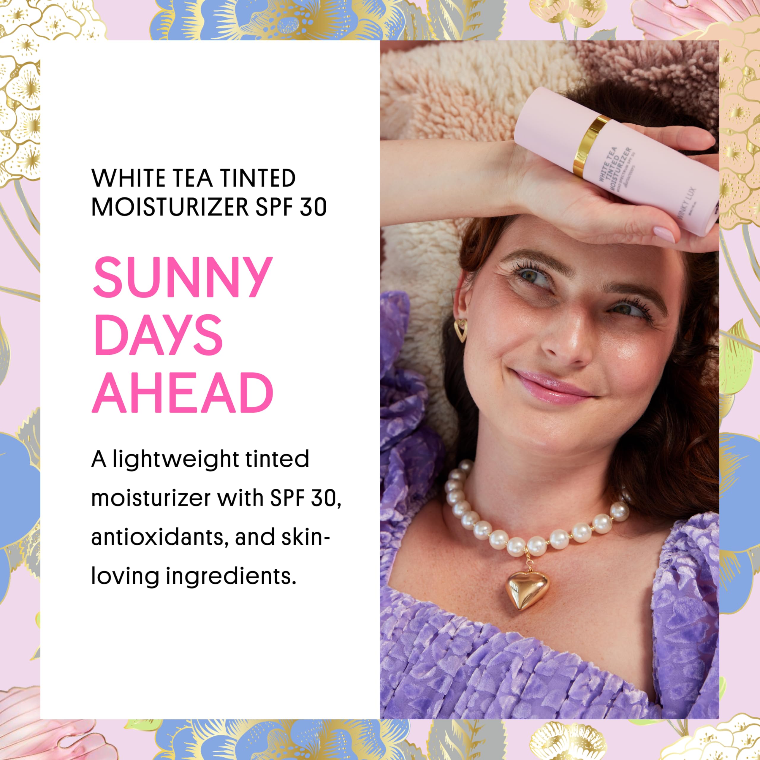 Texture fluide visage SPF30 de Winky Lux, teint léger et uniforme.