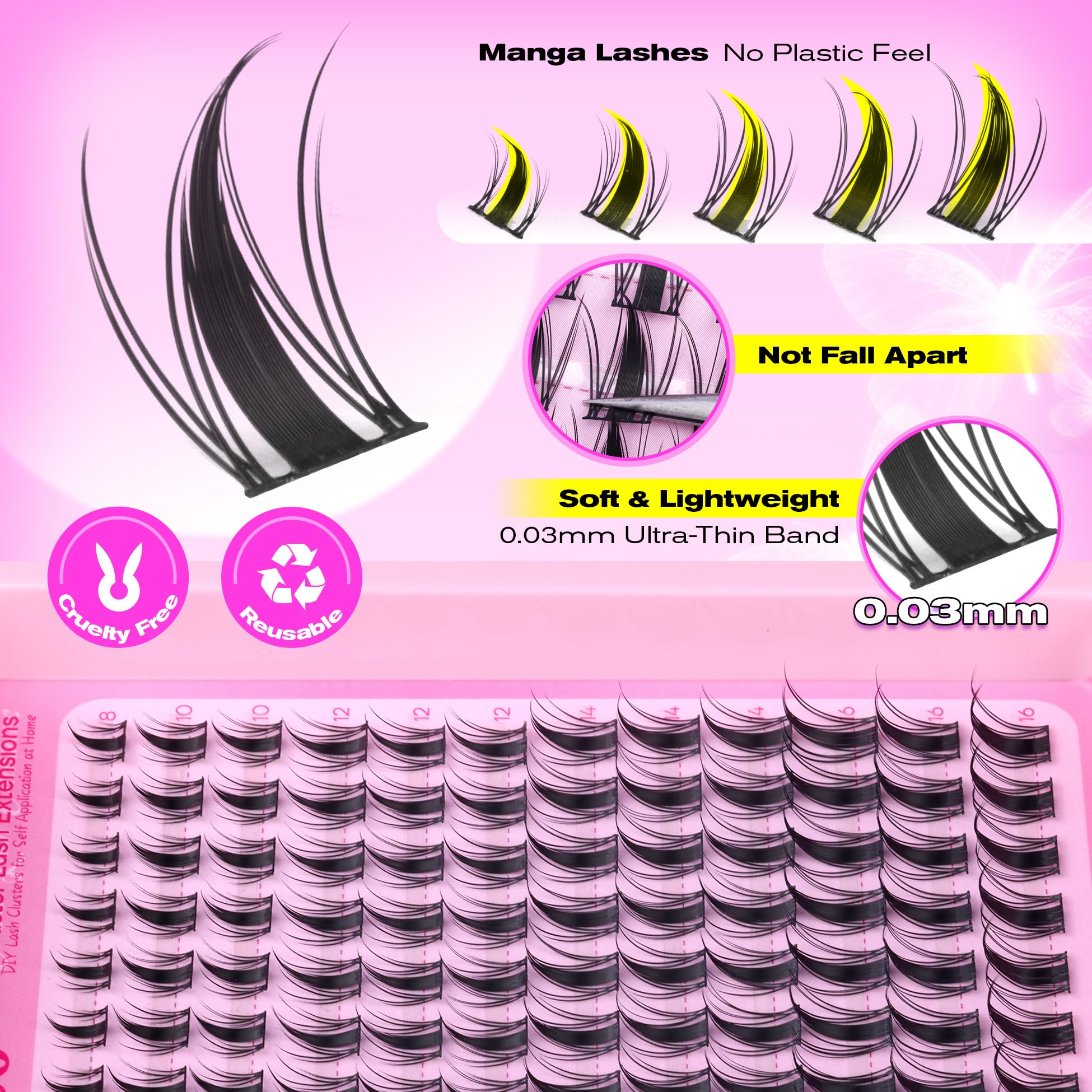 Cils manga clusters wiwoseo 16mm, effet poupée pour un regard saisissant.