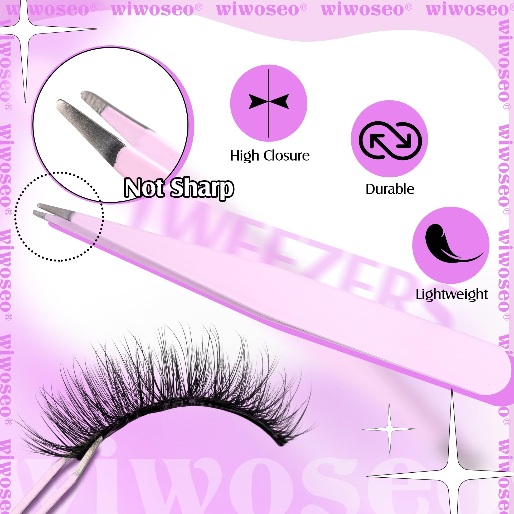 Pinces pour cils incluses avec les cils Wiwoseo pour une pose précise.
