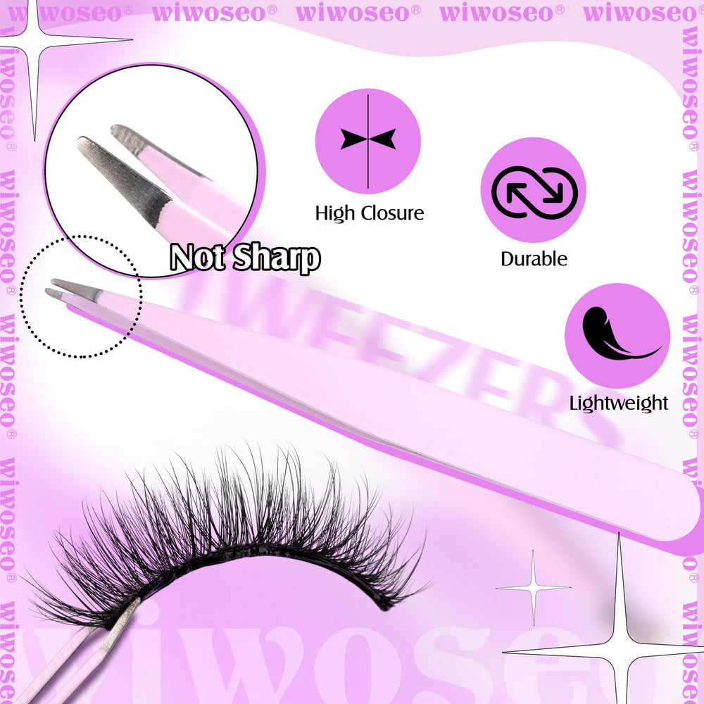 Pinces pour cils incluses avec les cils Wiwoseo pour une pose précise.