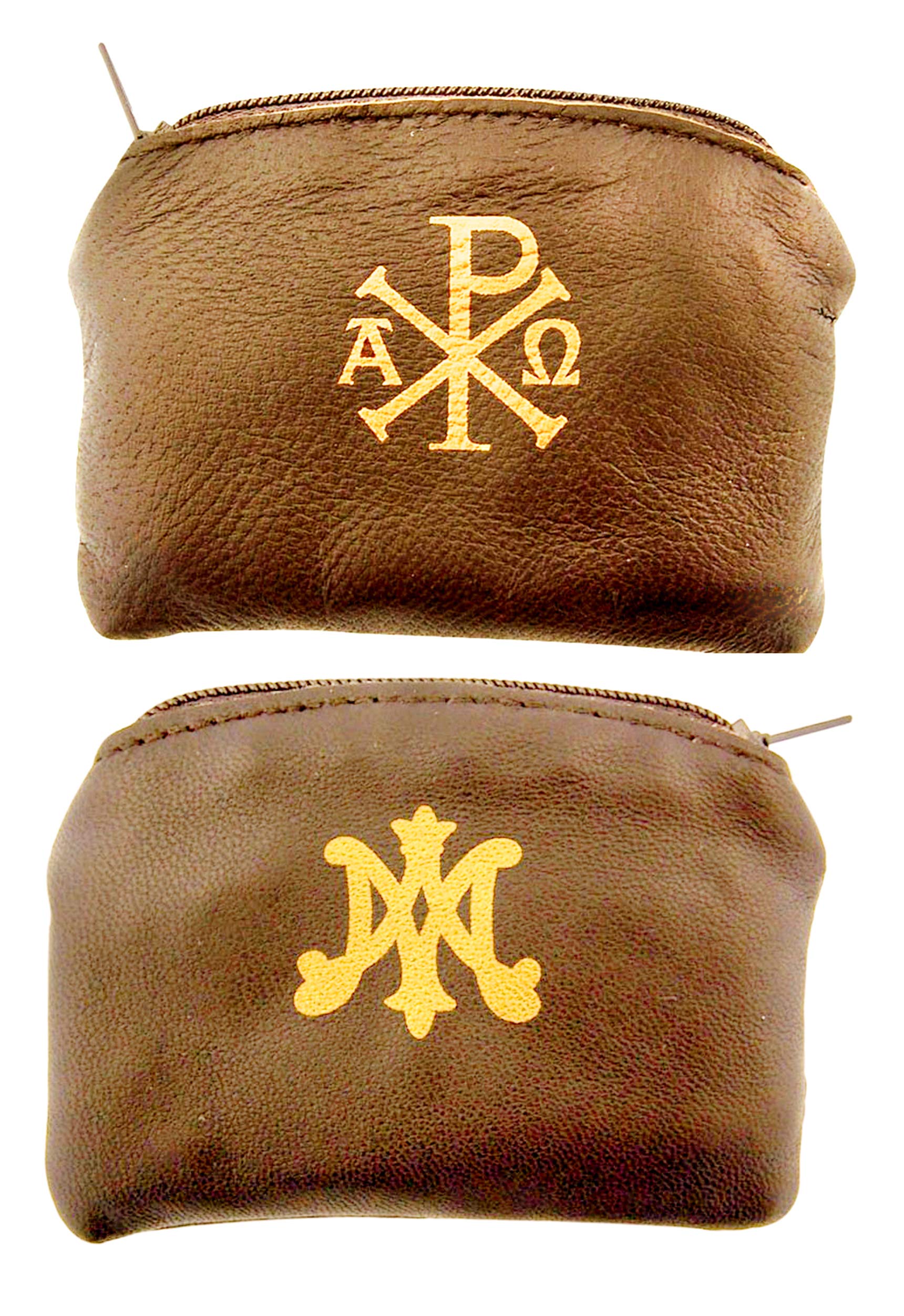 Détail croix Ava Maria et Chi Rho sur l’étui rosaire, élégance discrète et symbole sacré.