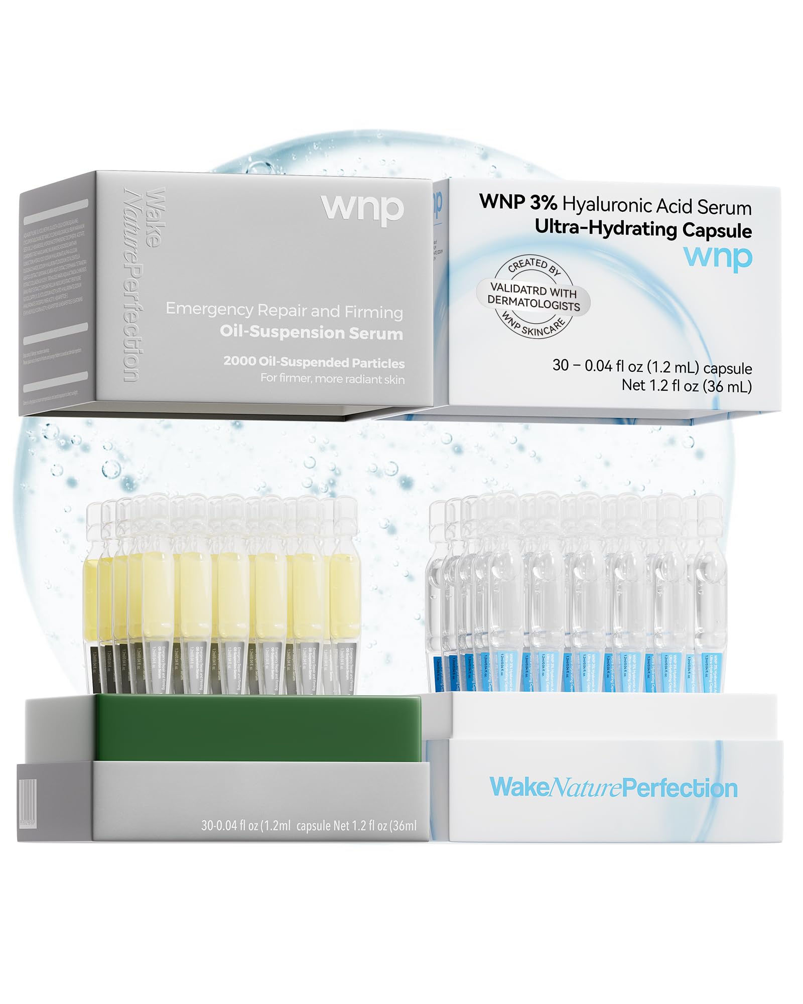 Sérum WNP Set en bouteille hydratation 3% acide hyaluronique, peau repulpée et hydratée.