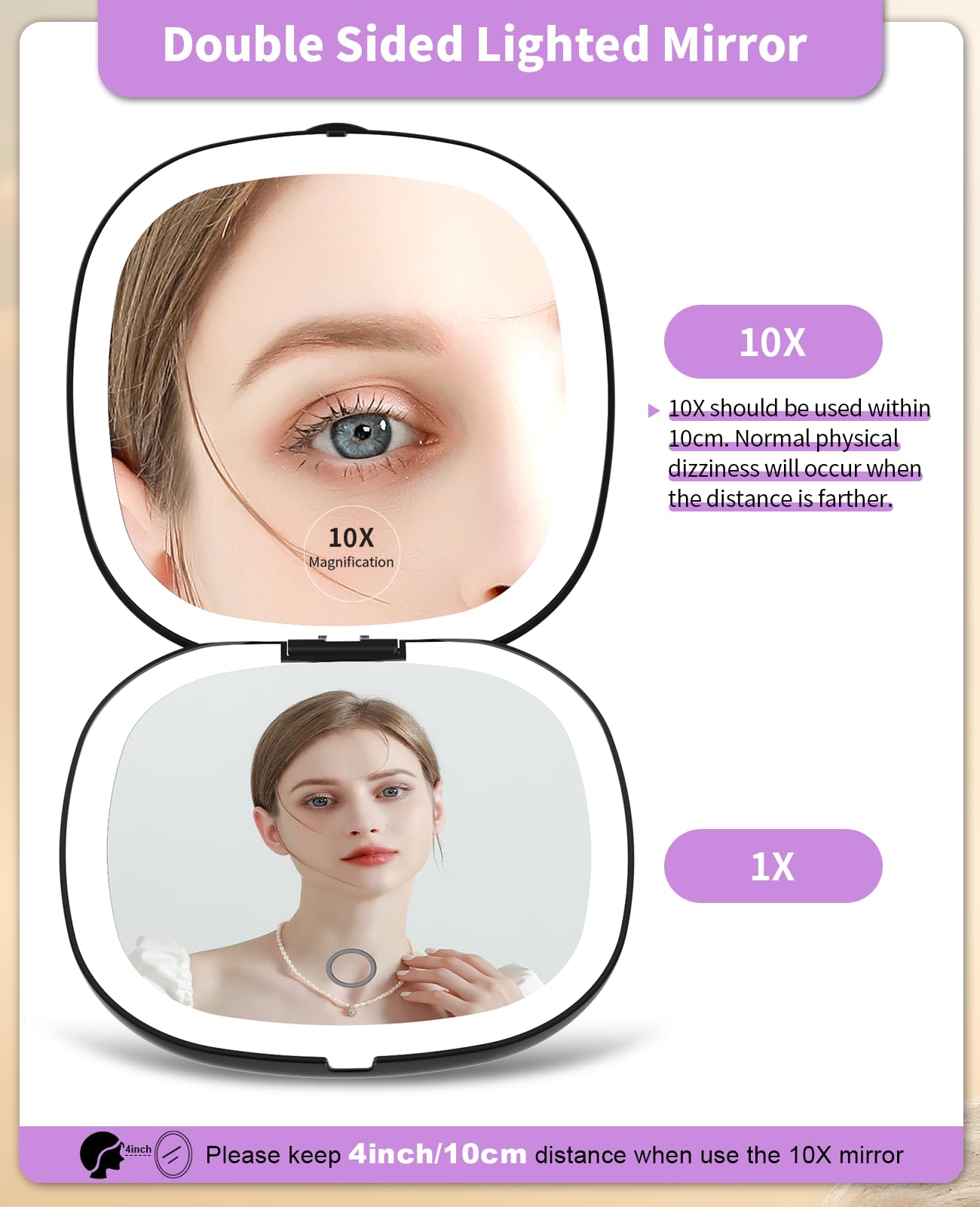 Miroir WOBSION avec agrandissement 10x pour les détails du teint.