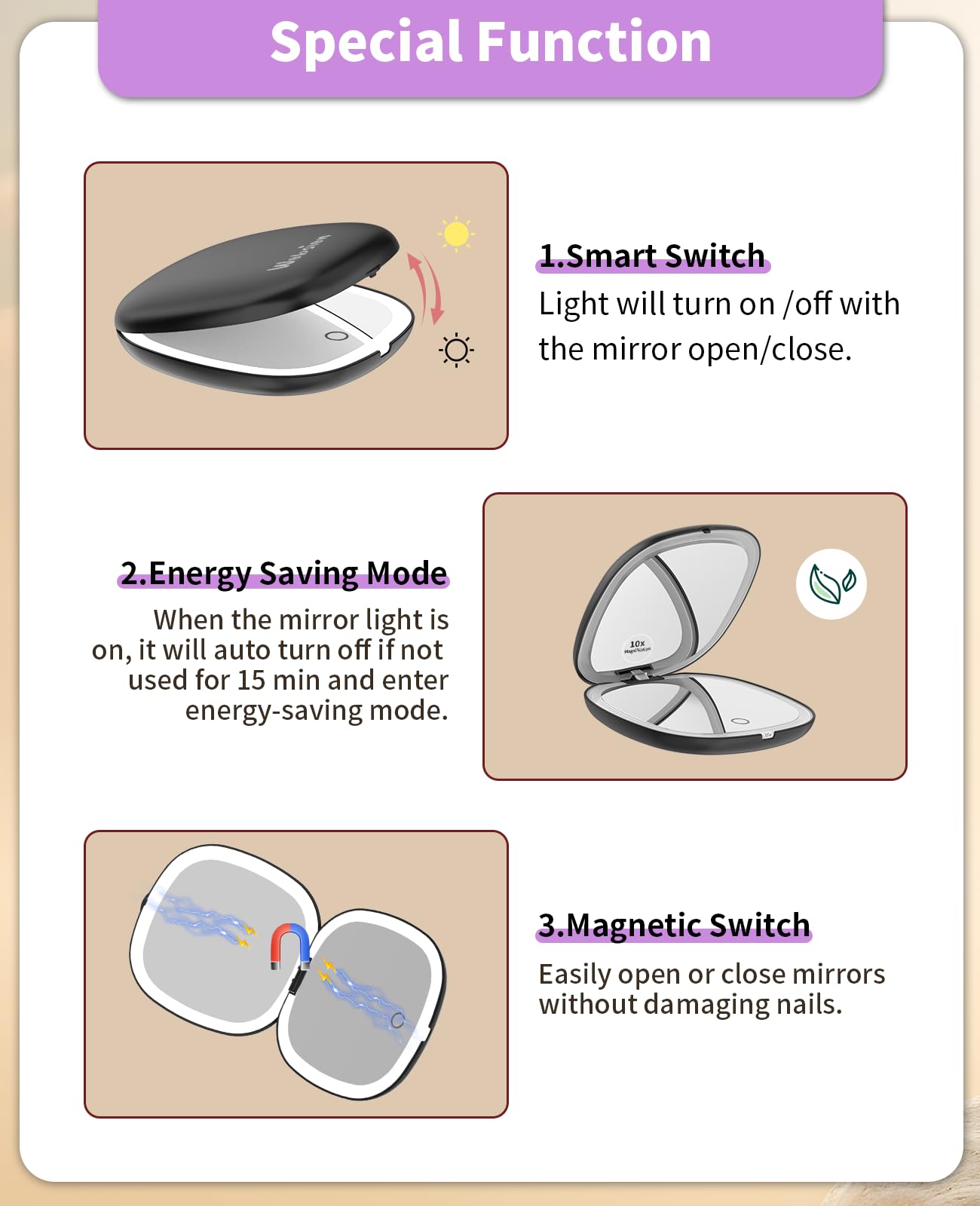 Miroir WOBSION compact 4 pouces, pratique pour sac à main.