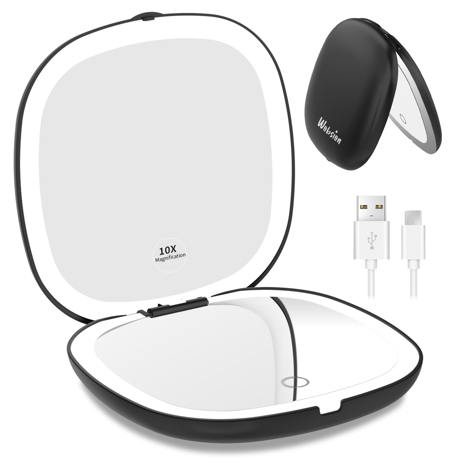 Miroir WOBSION double-face avec lumière pour un maquillage précis en déplacement.