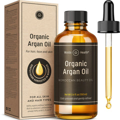 Huile d'argan WoldoHealth en bouteille ambrée avec pipette, usage quotidien simple.