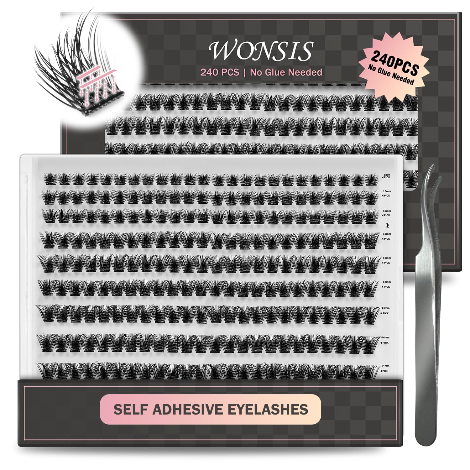 Faux cils WONSIS auto-adhésifs, 240 pièces, pose rapide sans colle.