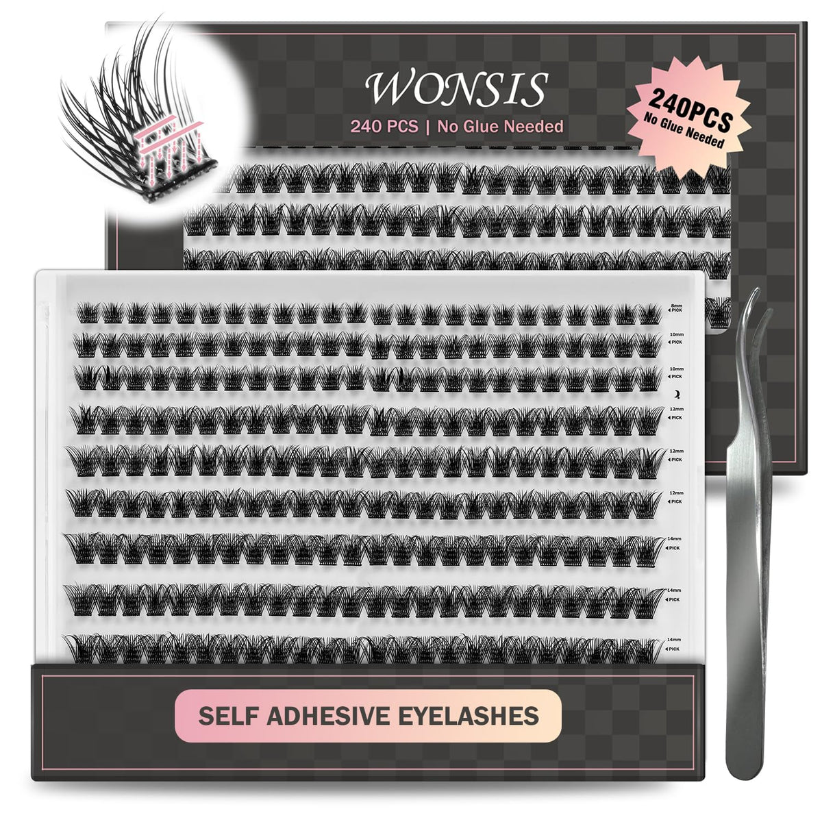 Faux cils WONSIS auto-adhésifs, 240 pièces, pose rapide sans colle.