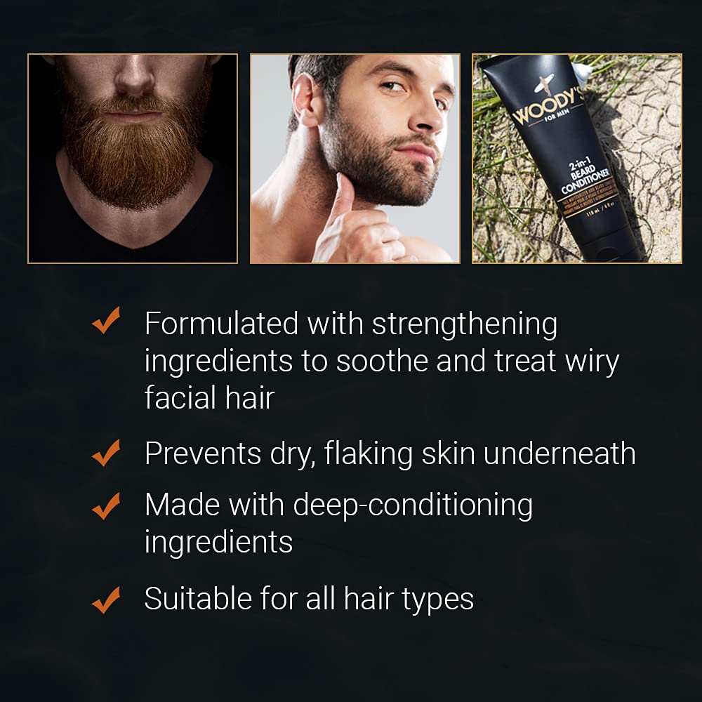 Woody's 2-en-1 barbe-apaisement peau-sous-barbe, réduit l'irritation et calme la peau.