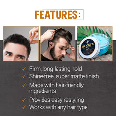 Woody's Argile Coiffante premium – tenue durable, maintien ferme mais flexible.