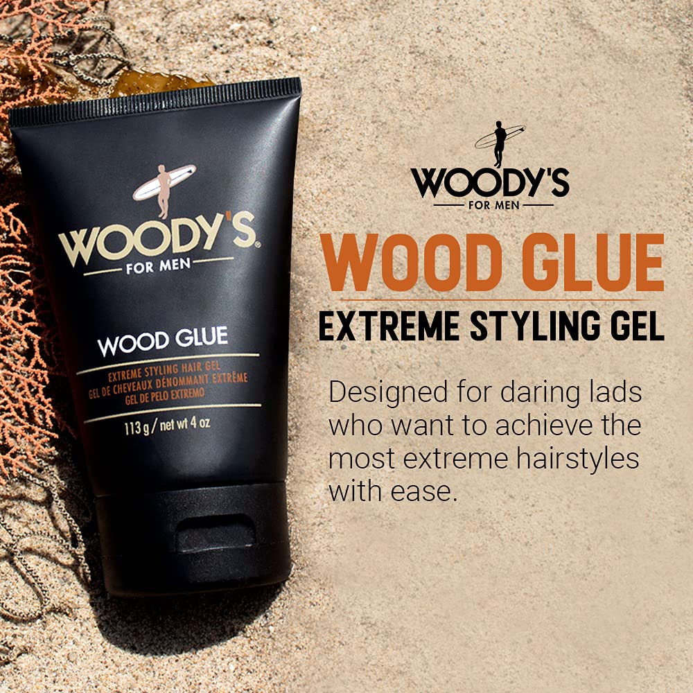 Woody's gel dispense action shows quick-dry formula shaping hair with no flaking.