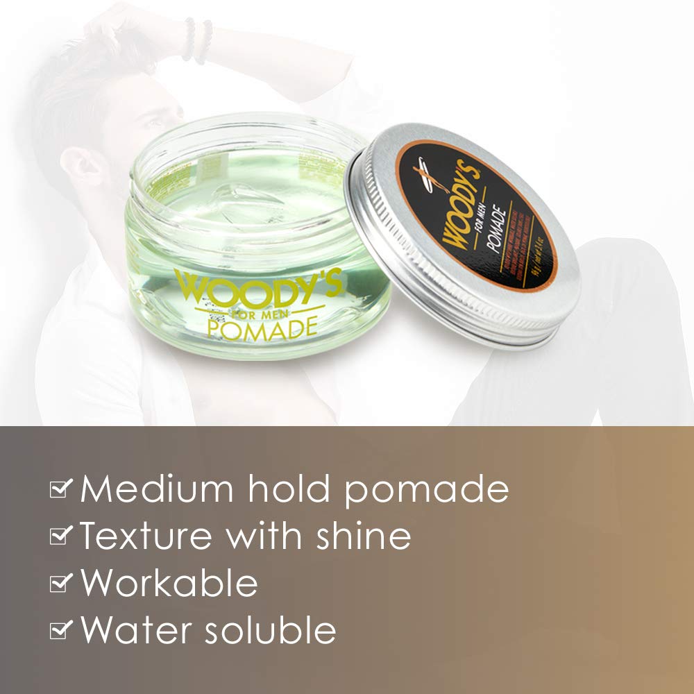 Woodys Pomade pot et peigne illustrant l application facile