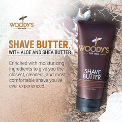 Beurre de rasage Woody's: texture crémeuse et veloutée prête à être appliquée pour glisse fluide.
