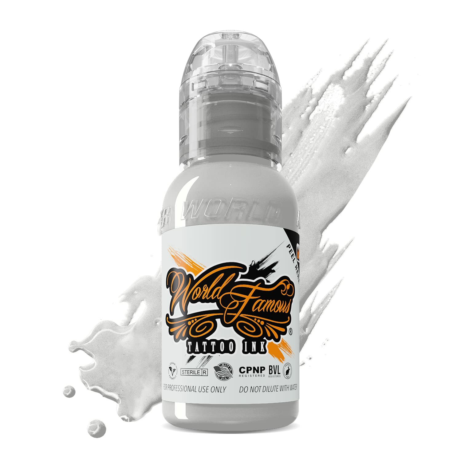 World Famous Tattoo Ink - Bouteille White House, offre opacité maximale pour des aplats nets.