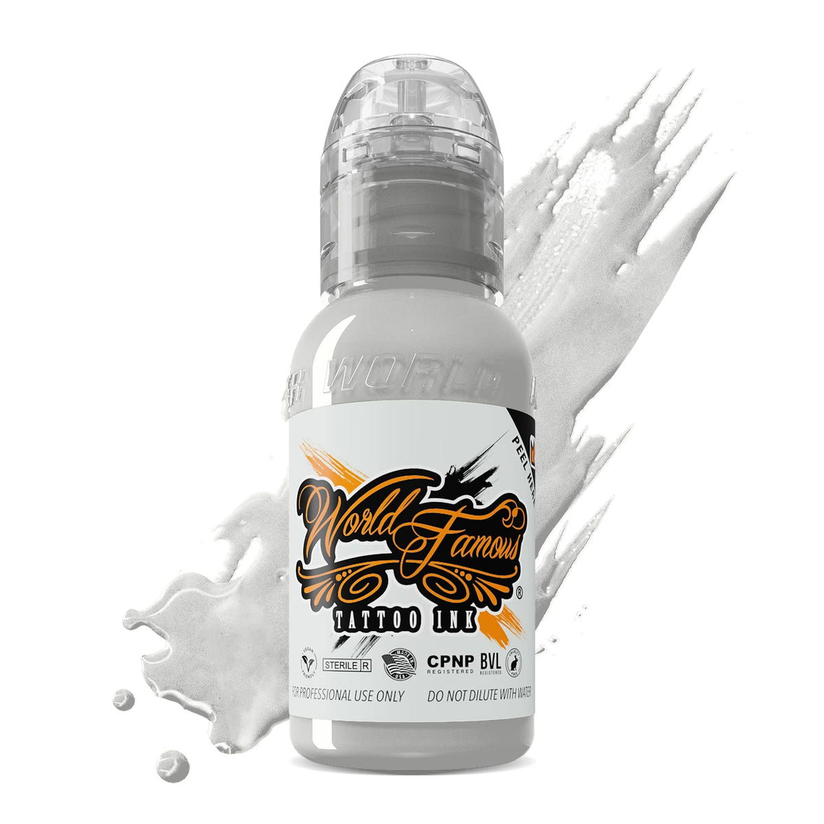 World Famous Tattoo Ink - Bouteille White House, offre opacité maximale pour des aplats nets.
