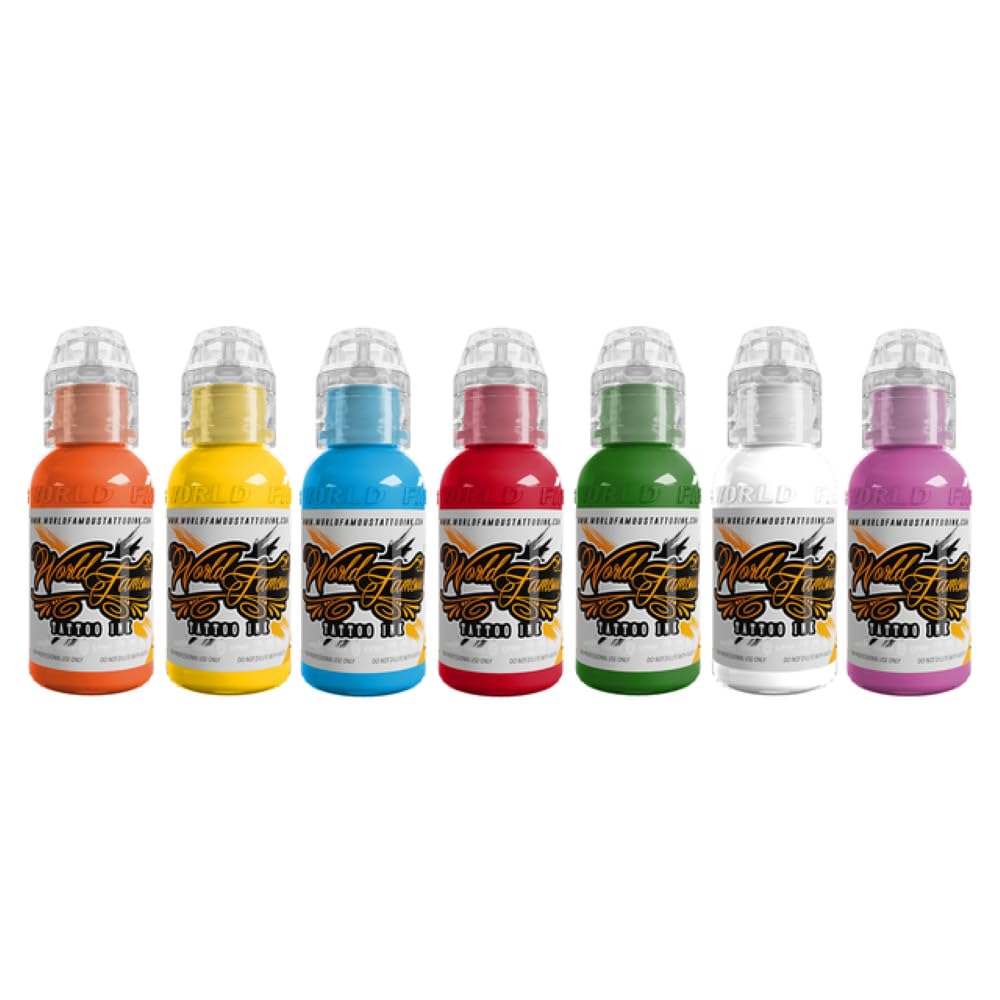 World Famous Tattoo Ink – ensemble sept couleurs et bouteilles 0,5 oz, idéal pour voyages et conventions.