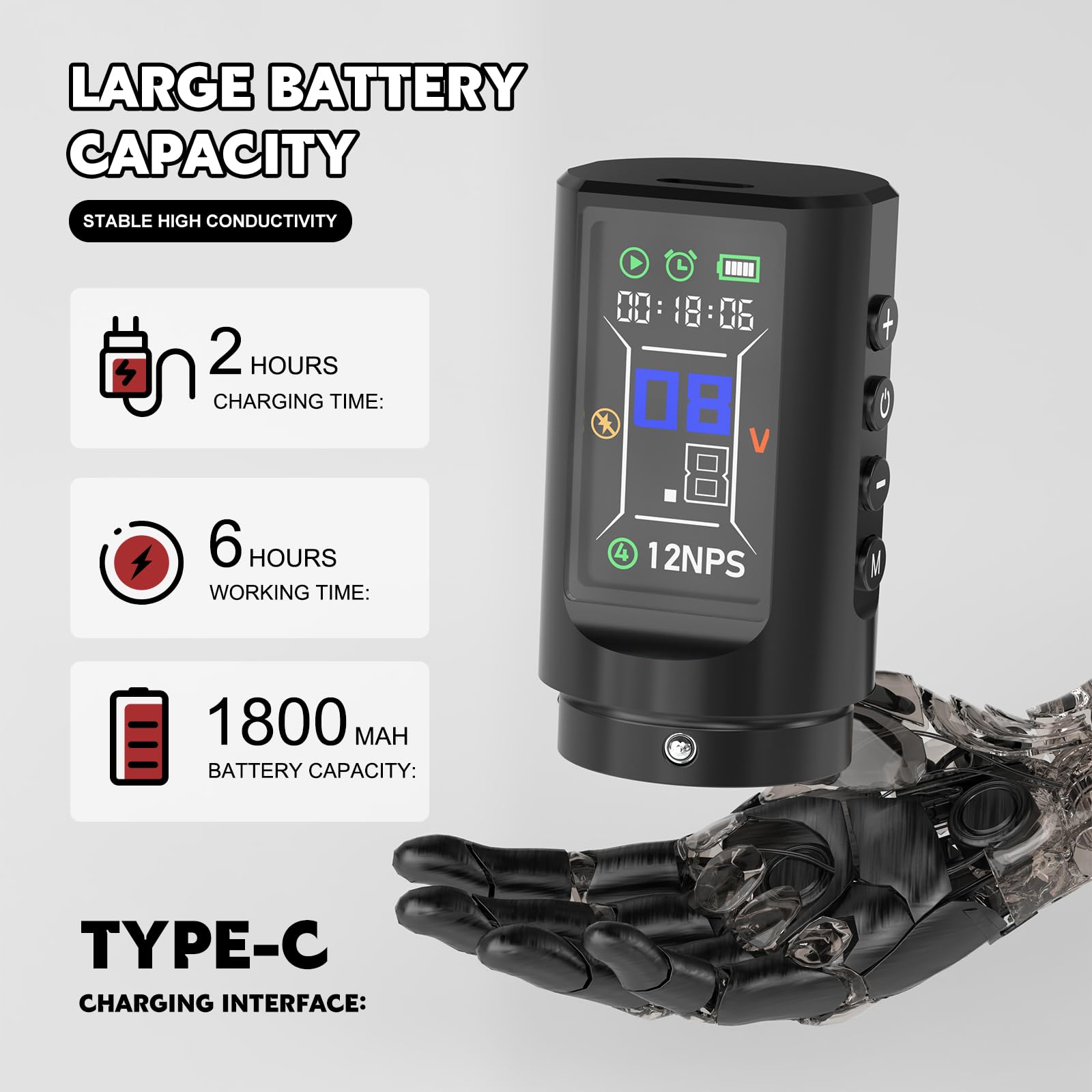 Wormhole Tattoo Gun Kit sans fil batterie 1800mAh, longue autonomie et recharge rapide.