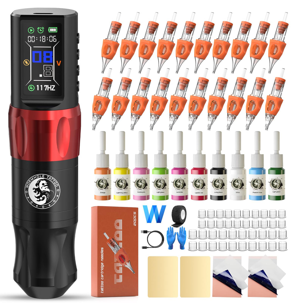 Wormhole Tattoo Gun Kit sans fil – ensemble complet prêt pour les sessions prolongées.