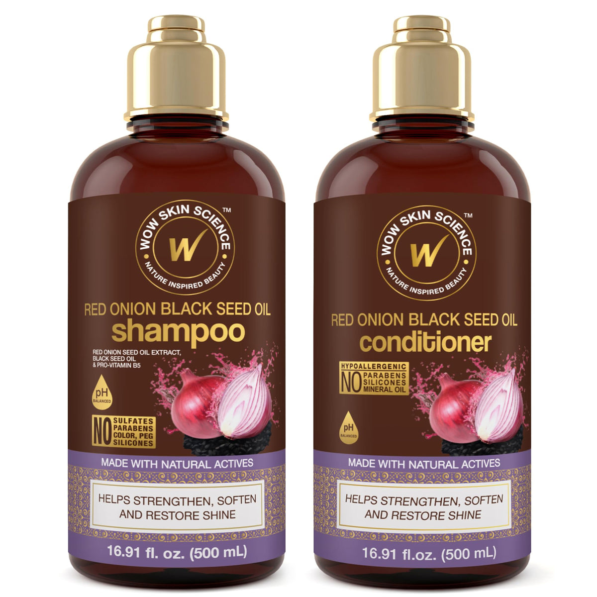 Shampoing WOW Skin Science à l’oignon rouge et nigelle, bouteille prête à l’emploi.