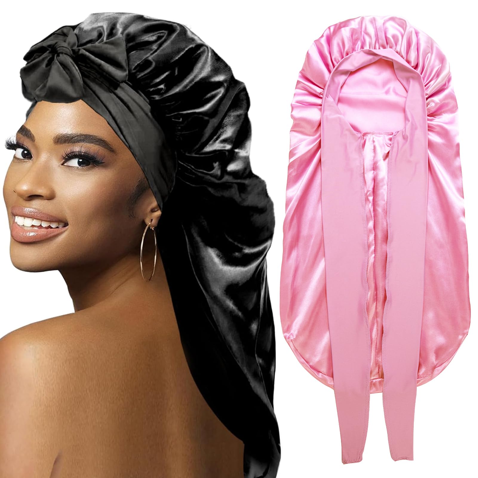 WOZUTUNT bonnet satin long braids noir, protection nocturne sans frottement.