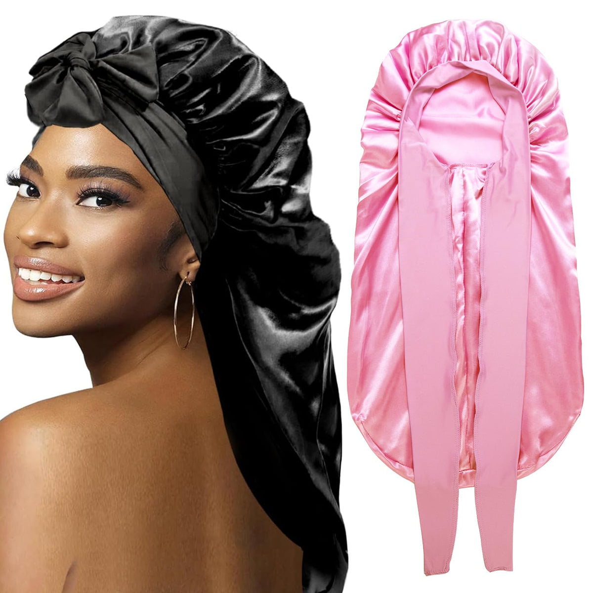 WOZUTUNT bonnet satin long braids noir, protection nocturne sans frottement.