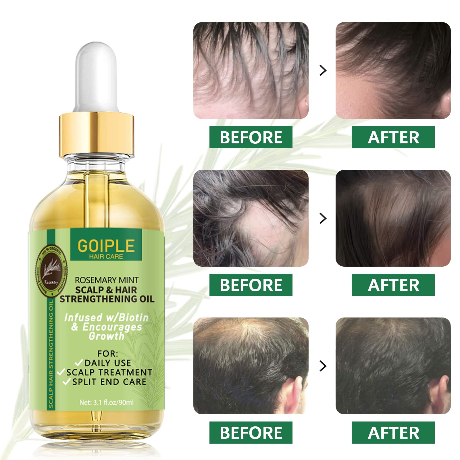 Avant/après WOZUTUNT romarin; cheveux plus forts et brillants.