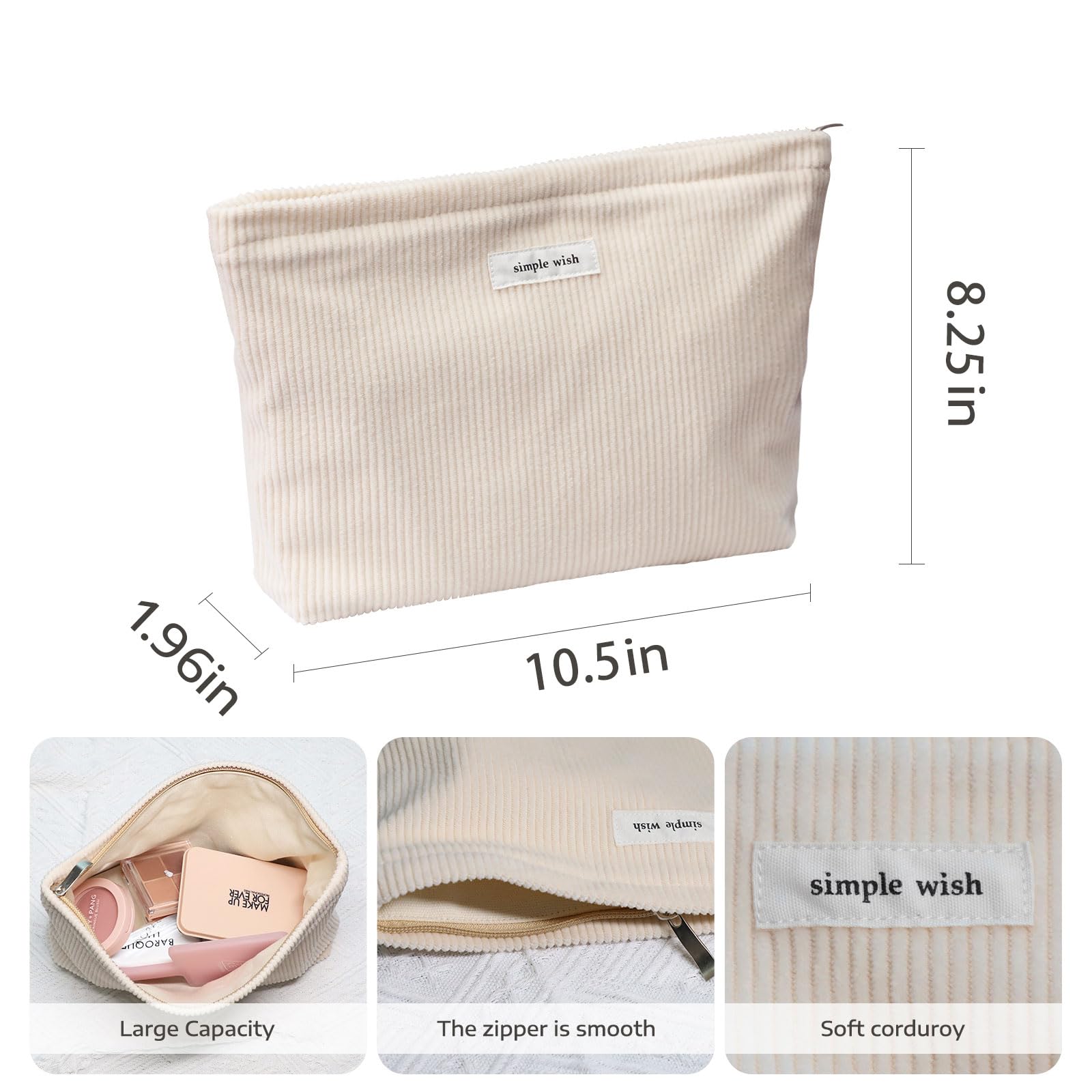 Trousse Wudygirl en velours côtelé beige, intérieur en toile durable.